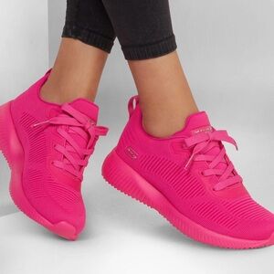 #10 SKECHERS ~ Women's Lace Up Neon Pink Bob Squad Vegan Sport Sneakers size 7.5